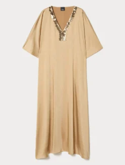 Abito caftano in raso con paillettes - BEIGE