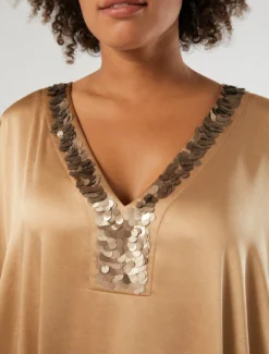 Abito caftano in raso con paillettes - BEIGE