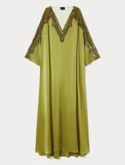Abito caftano in satin con ricamo - VERDE KAKI