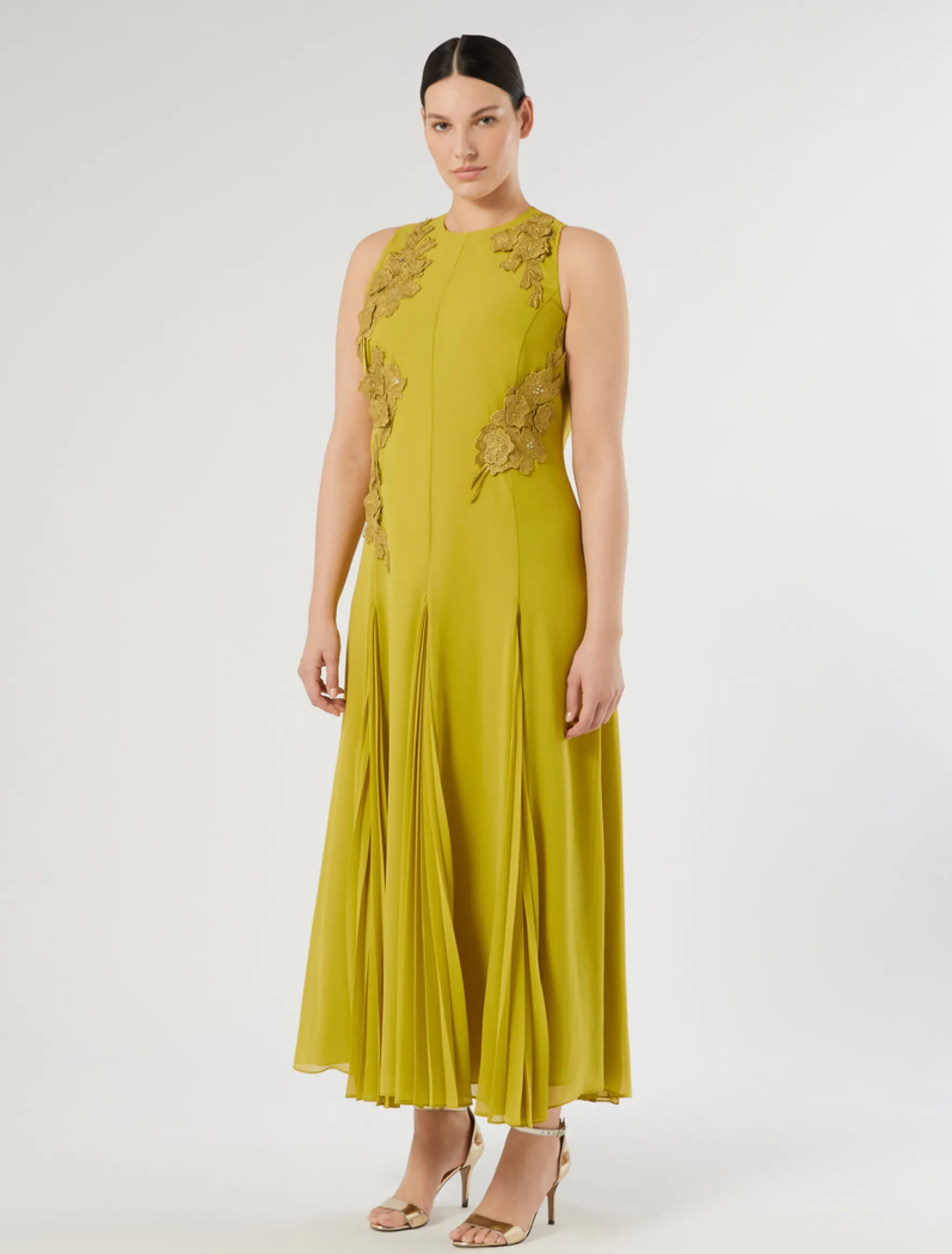 Abito in cady con macramè e strass - VERDE OLIVA