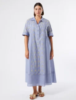 Abito in chambray con ricamo - AZZURRO