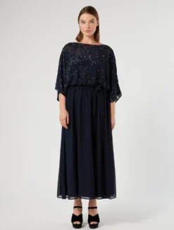 Abito in chiffon con paillettes e georgette - BLU NOTTE