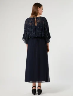 Abito in chiffon con paillettes e georgette - BLU NOTTE