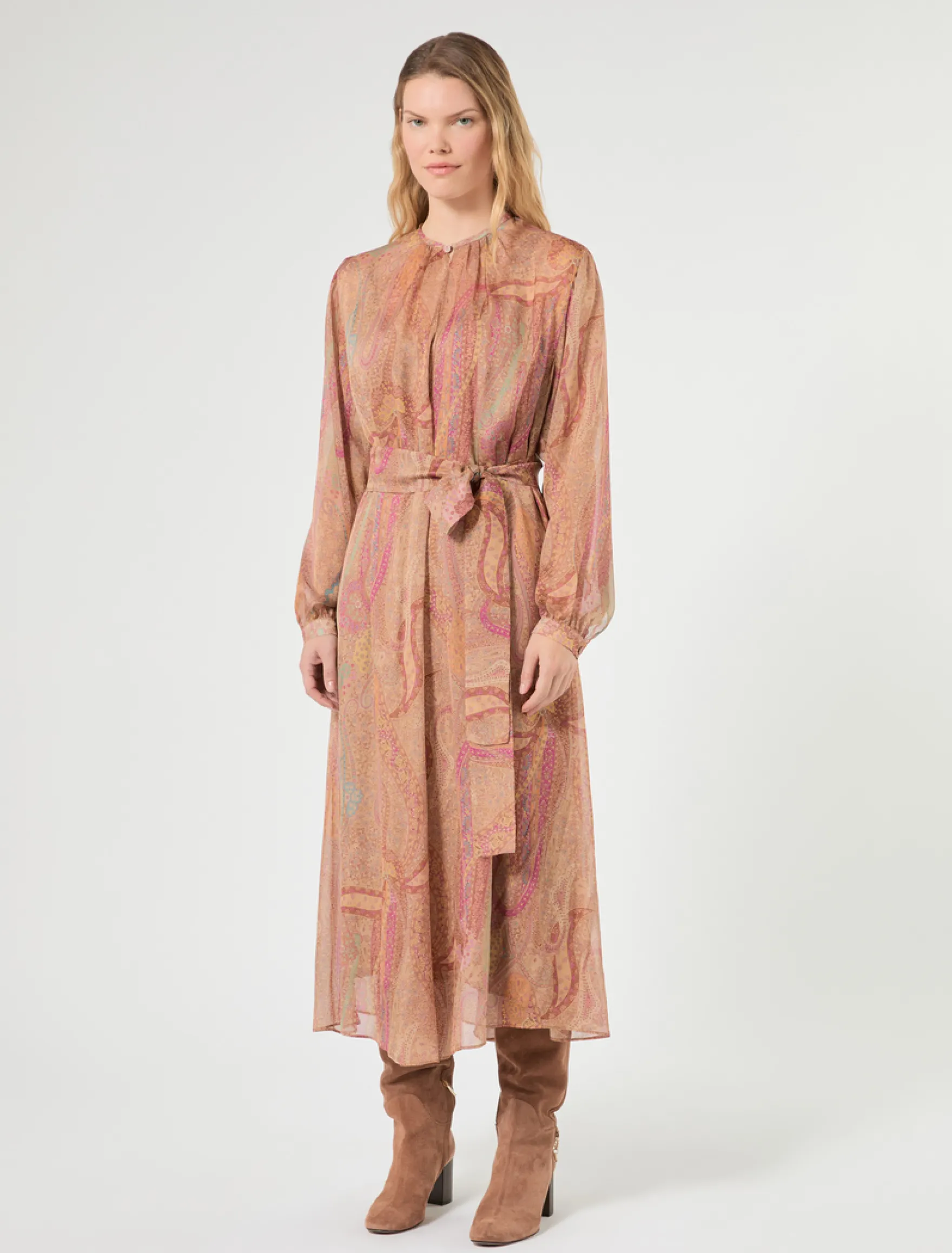 Abito in chiffon di seta - CAMMELLO