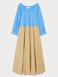 Abito in cotone a balze - AZZURRO