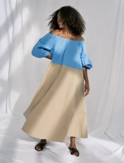 Abito in cotone a balze - AZZURRO