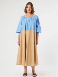 Abito in cotone a balze - AZZURRO