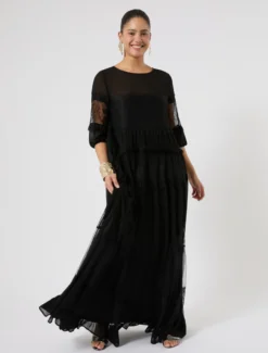 Abito in georgette e pizzo - NERO