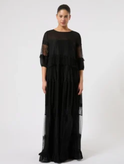 Abito in georgette e pizzo - NERO