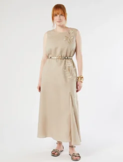 Abito in lino con ricamo - BEIGE
