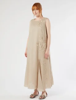 Abito in lino con ricamo - BEIGE
