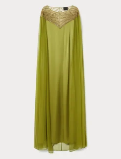 Abito in satin e chiffon con ricamo - VERDE OLIVA