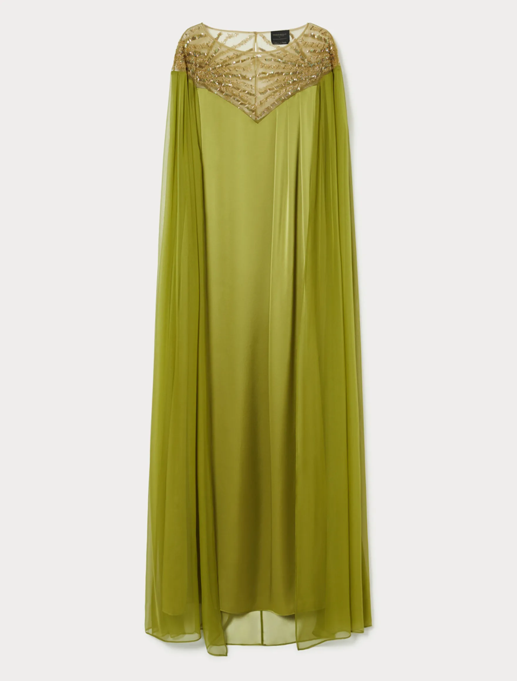 Abito in satin e chiffon con ricamo - VERDE OLIVA