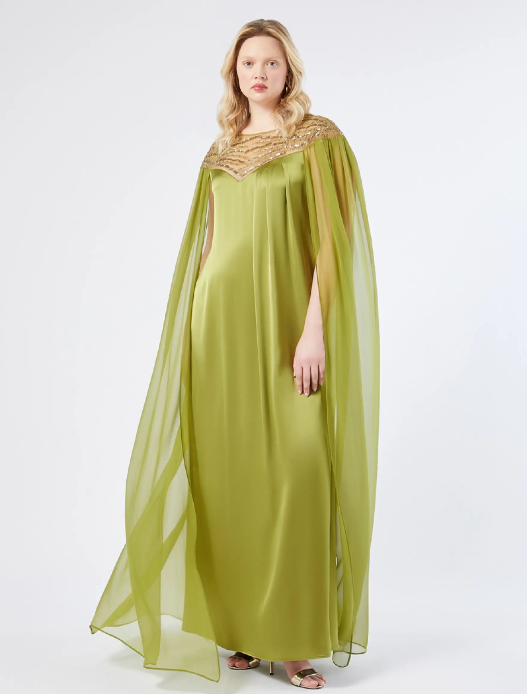 Abito in satin e chiffon con ricamo - VERDE OLIVA