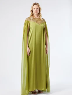 Abito in satin e chiffon con ricamo - VERDE OLIVA