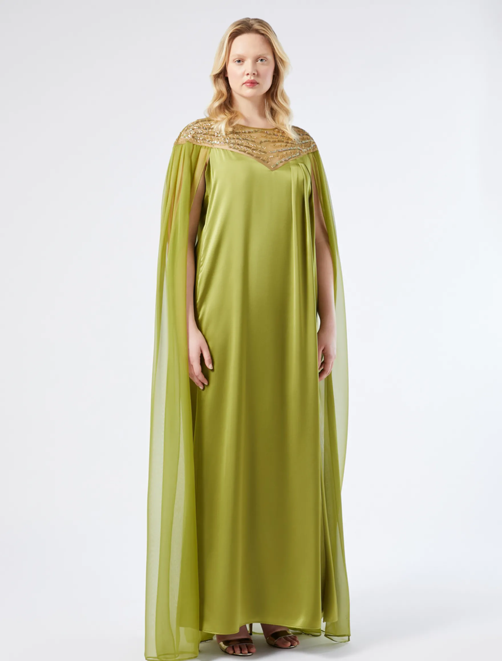 Abito in satin e chiffon con ricamo - VERDE OLIVA