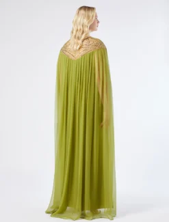 Abito in satin e chiffon con ricamo - VERDE OLIVA