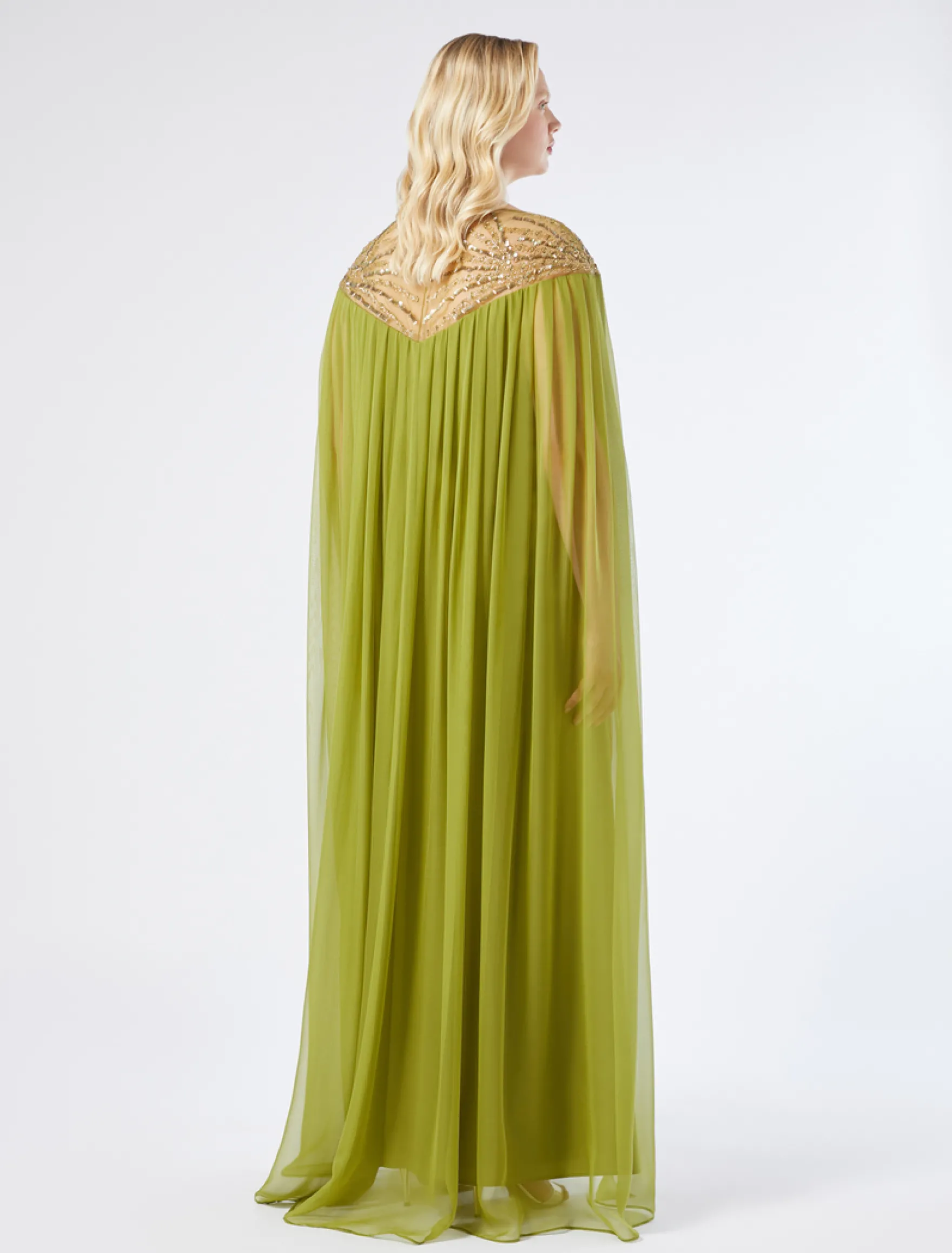 Abito in satin e chiffon con ricamo - VERDE OLIVA