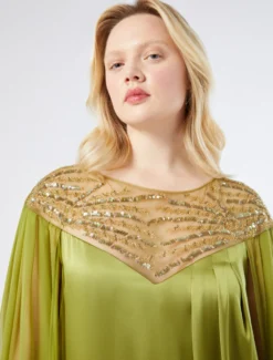 Abito in satin e chiffon con ricamo - VERDE OLIVA