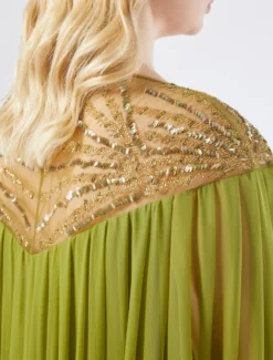 Abito in satin e chiffon con ricamo - VERDE OLIVA