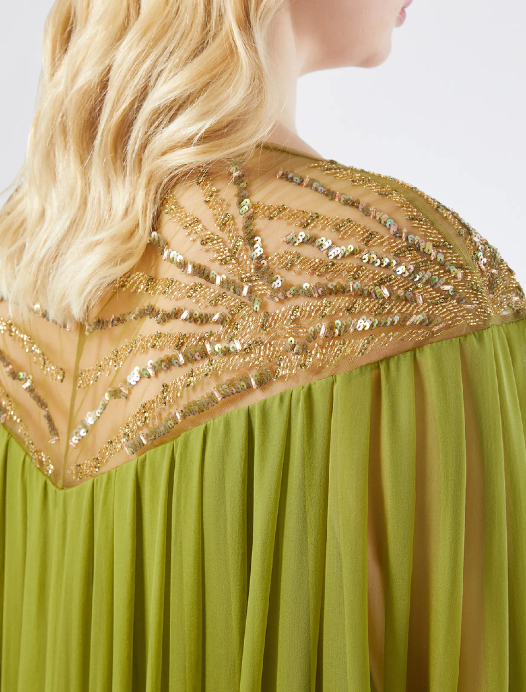 Abito in satin e chiffon con ricamo - VERDE OLIVA