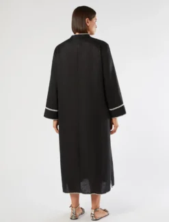 Abito in tela di lino con ricamo - NERO