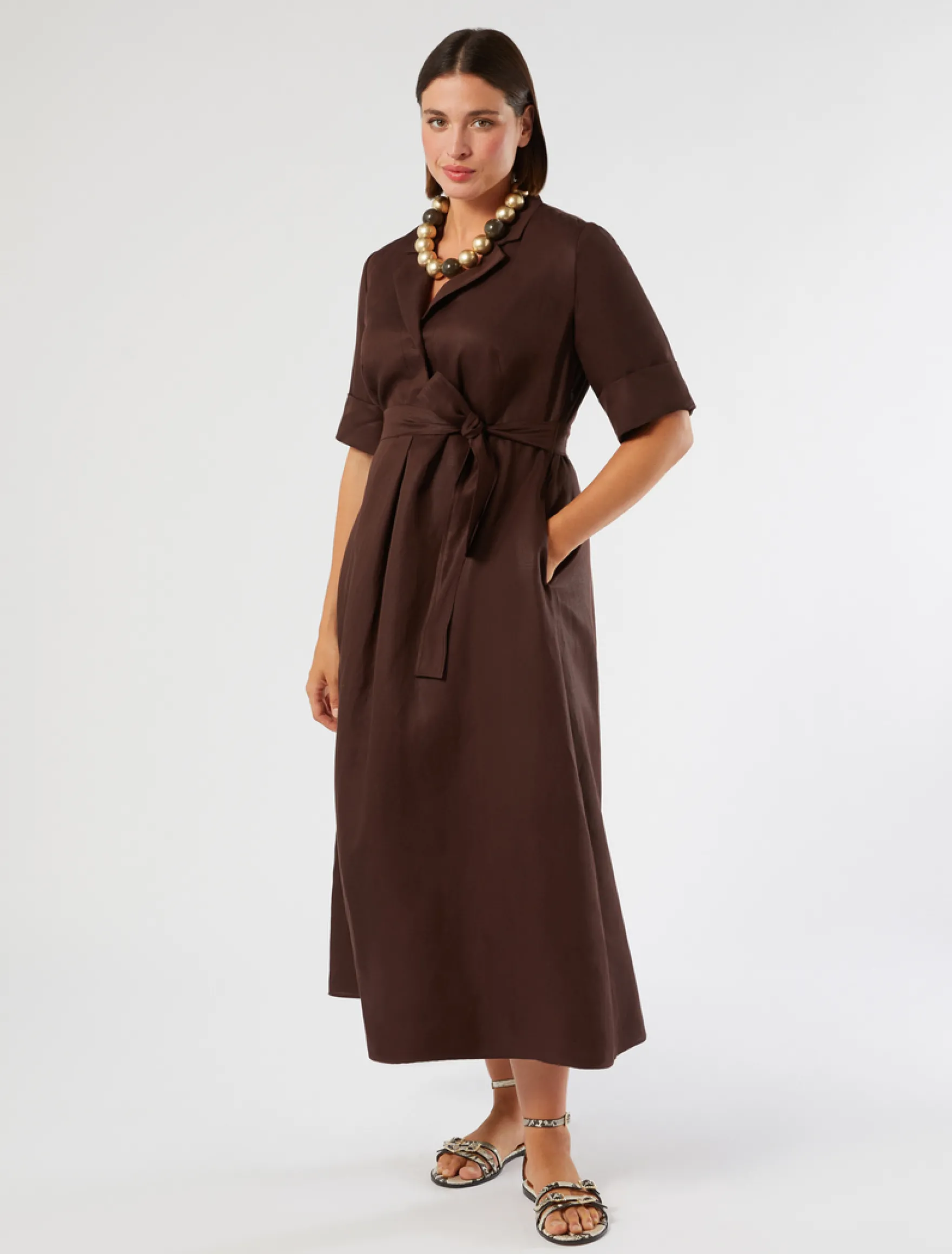 Abito in twill di misto lino - CIOCCOLATO