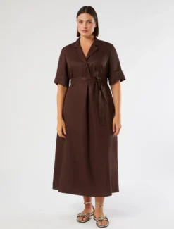 Abito in twill di misto lino - CIOCCOLATO