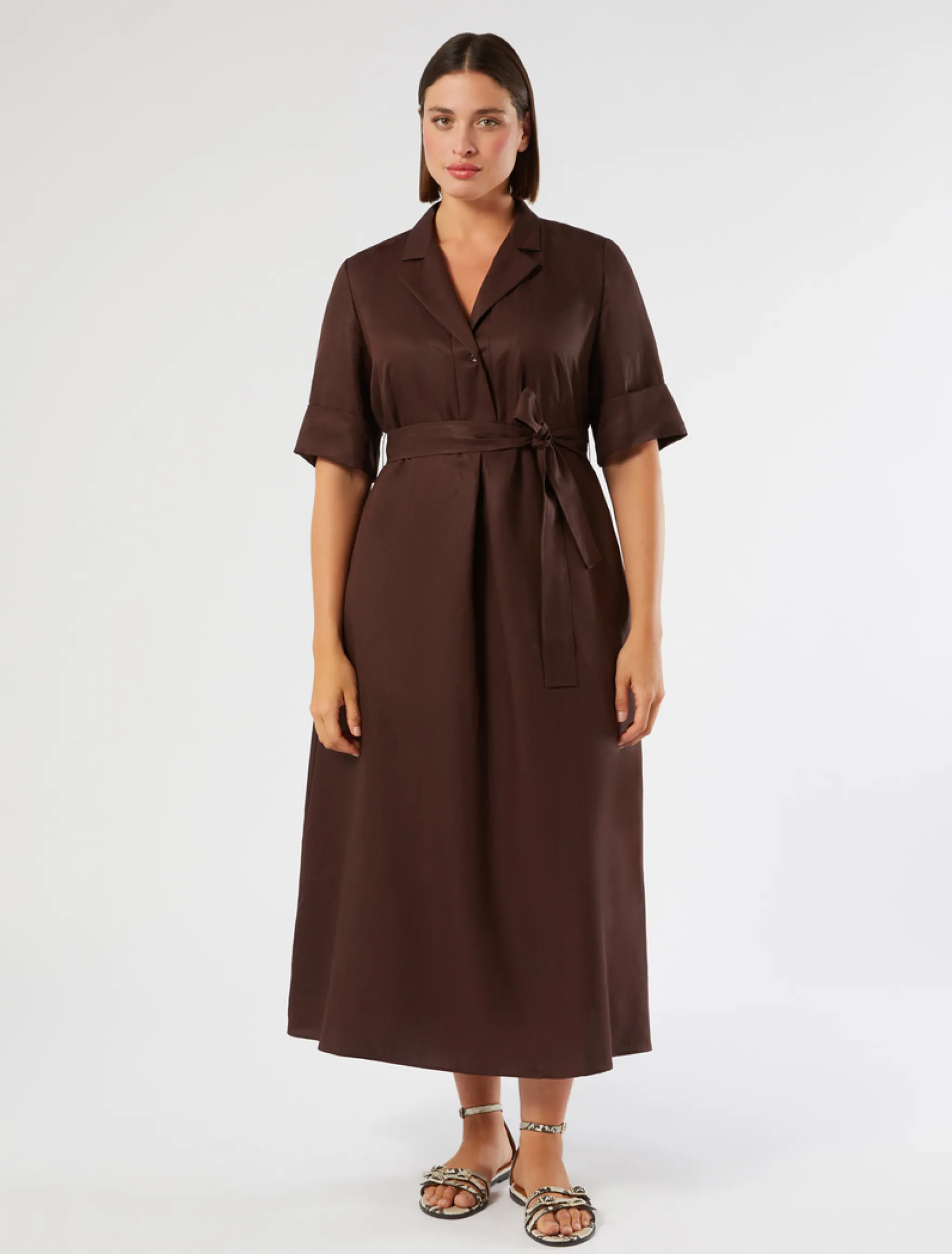 Abito in twill di misto lino - CIOCCOLATO