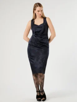 Abito jacquard con drappeggio - BLU NOTTE