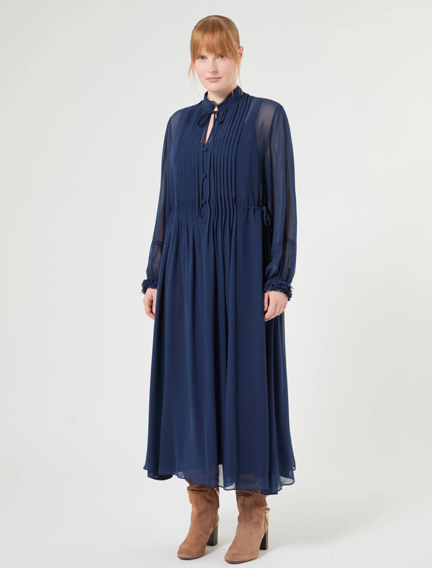 Abito lungo in georgette di seta - BLU NOTTE