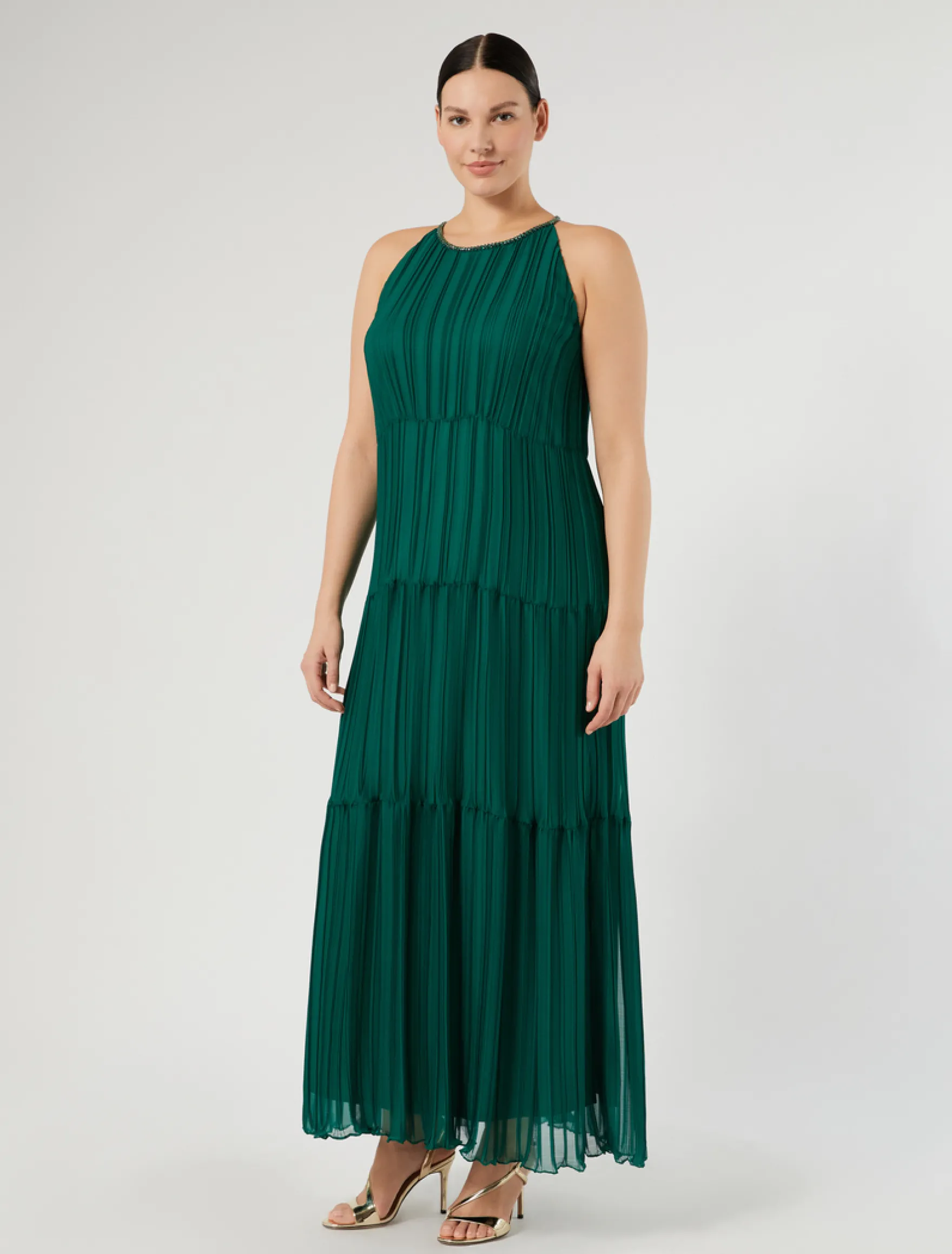 Abito lungo in georgette plissé - VERDE SMERALDO
