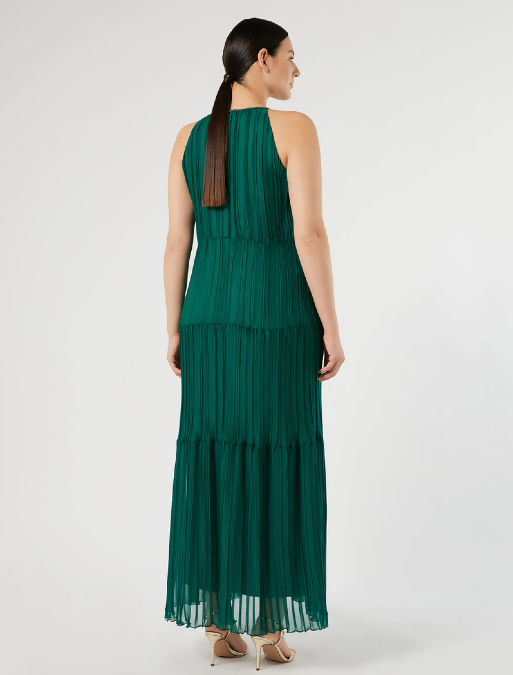 Abito lungo in georgette plissé - VERDE SMERALDO