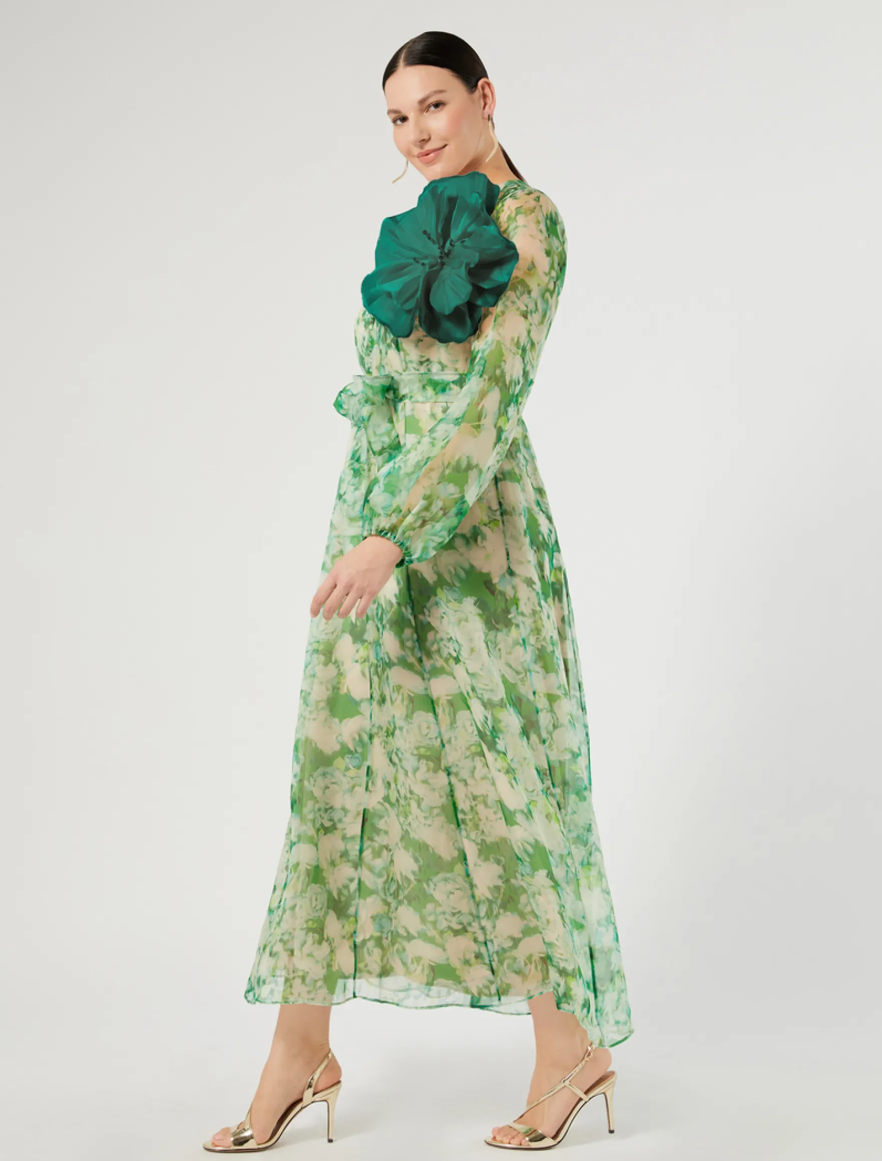 Abito lungo in organza di pura seta - VERDE SMERALDO