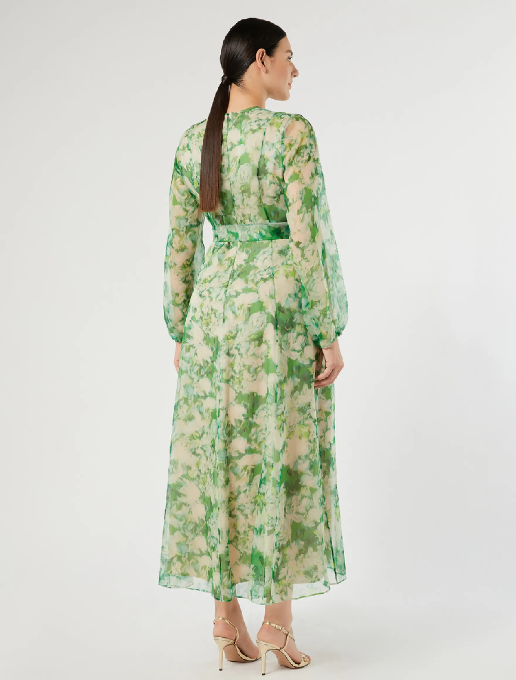 Abito lungo in organza di pura seta - VERDE SMERALDO