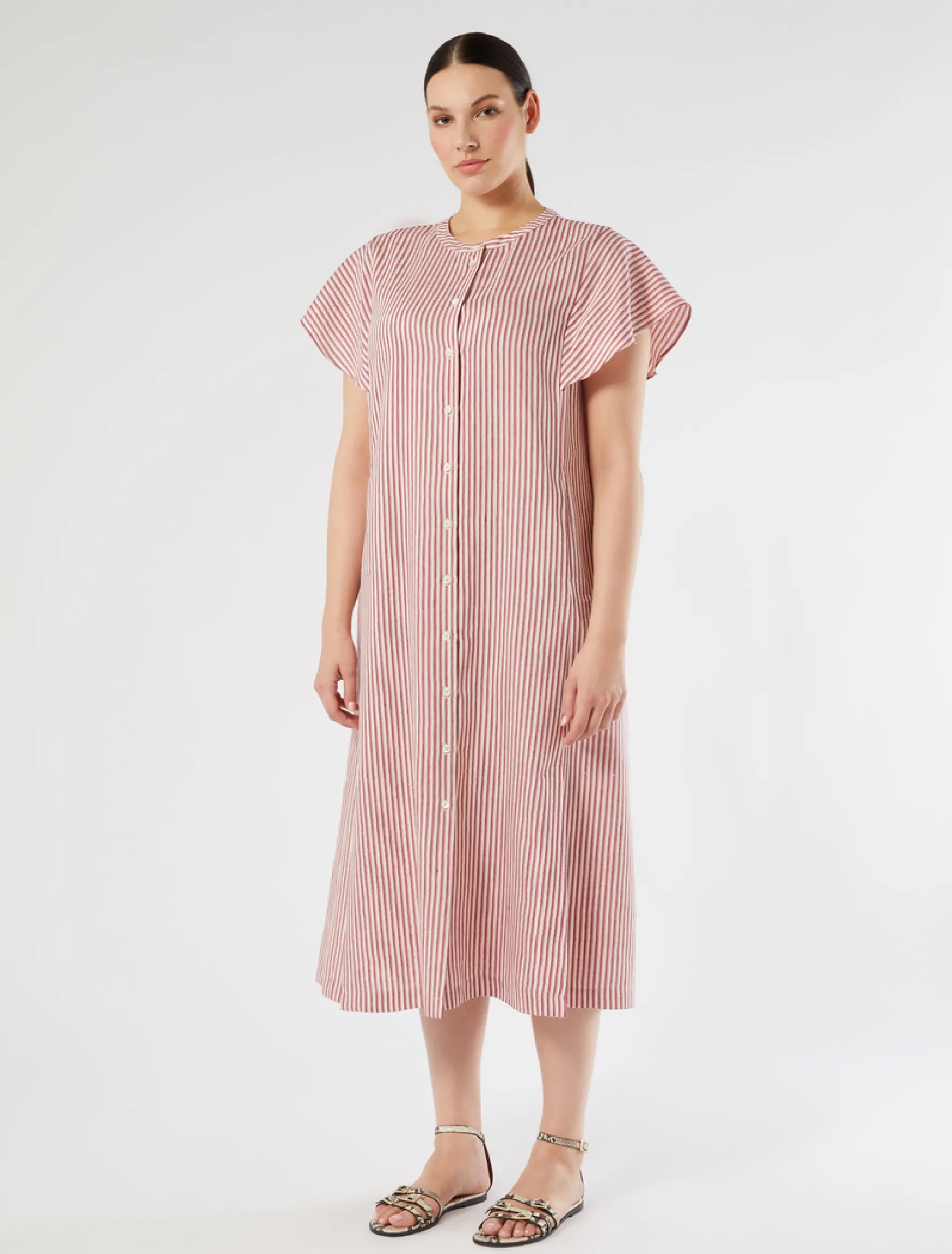 Abito lungo in tela di lino e seta - BEIGE ROSA