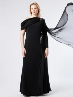 Abito monospalla in cady e chiffon - NERO