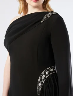Abito monospalla in cady e chiffon - NERO