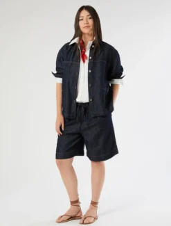 Bermuda in tela denim di cotone e lino - BLU