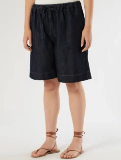 Bermuda in tela denim di cotone e lino - BLU