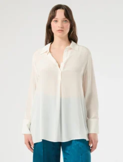 Blusa a polo in crêpe de Chine - BIANCO