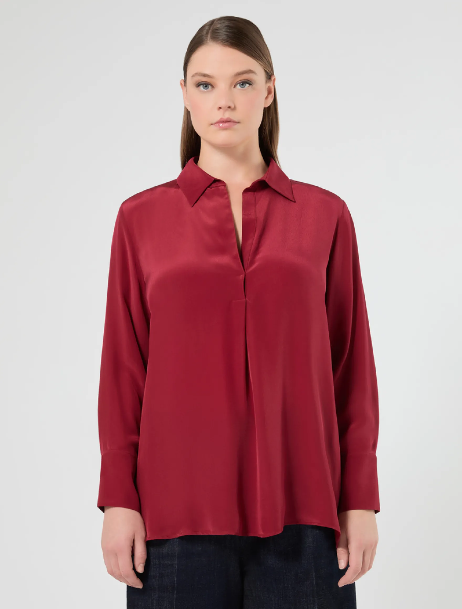 Blusa a polo in crêpe de Chine - BORDEAUX