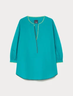 Blusa in popeline di cotone con ricami - PETROLIO