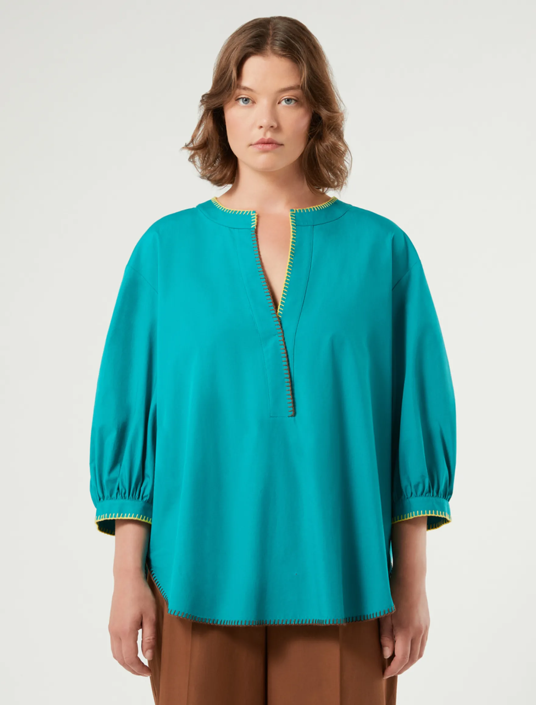 Blusa in popeline di cotone con ricami - PETROLIO