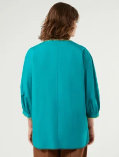 Blusa in popeline di cotone con ricami - PETROLIO