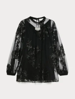 Blusa in tulle ricamato - NERO