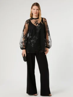 Blusa in tulle ricamato - NERO