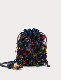 Borsa in cotone crochet con sfere - BLU NOTTE