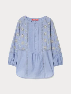Camicia in cotone chambray con ricamo - AZZURRO