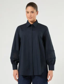 Camicia in popeline di cotone con pizzo - BLU